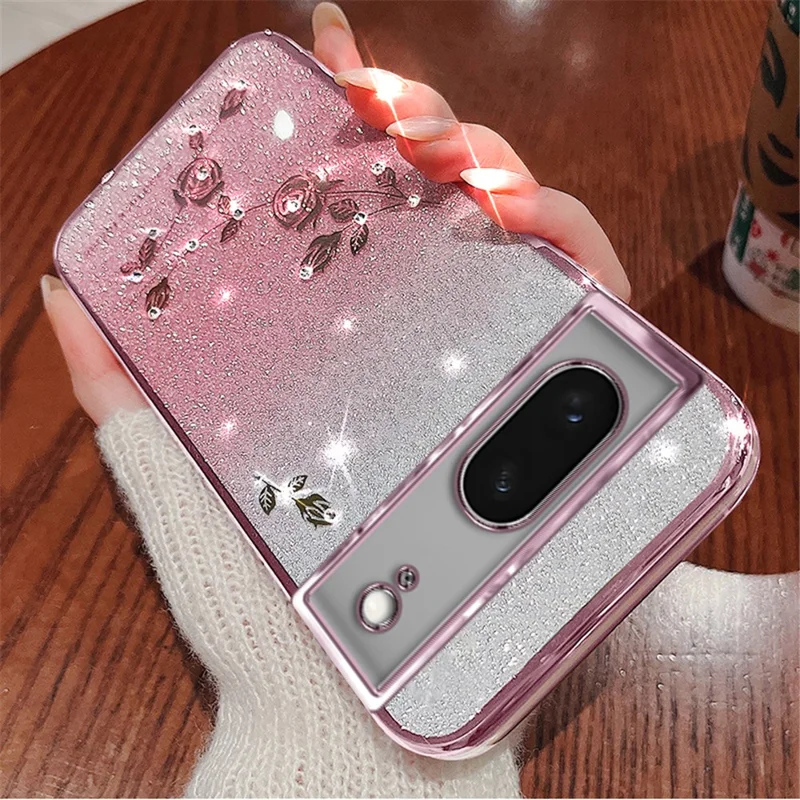 KADEM For Google Pixel 8 Case TPU Glitter Smartphone Back Cover with Strap - Rose Gold