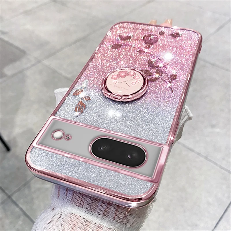 KADEM Para Capa de Celular Google Pixel 8 com Suporte em Argola, Brilho e Strass em TPU - Rose Gold