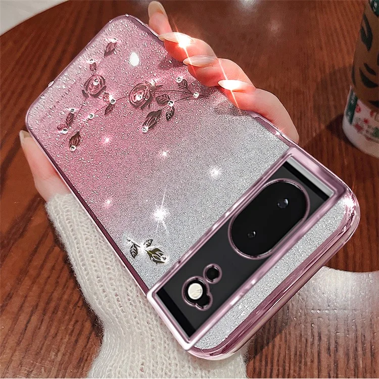 KADEM For Google Pixel 6 TPU Case Rhinestone Flower Gradient Cell Phone Cover - Rose Gold