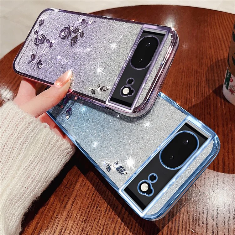 KADEM For Google Pixel 6 TPU Case Rhinestone Flower Gradient Cell Phone Cover - Rose Gold
