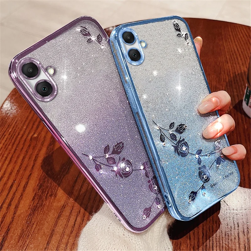 KADEM Per Samsung Galaxy A05 4G Case Shiny Rhinestone Flower Phone Cover con Tracolla - Blu