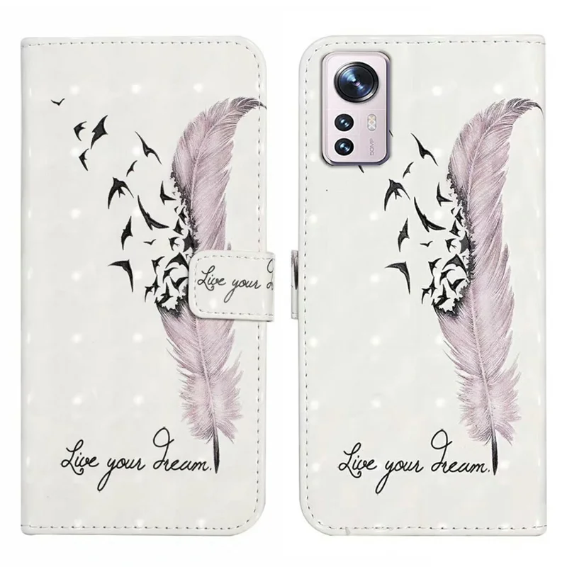For Xiaomi 12 Pro 5G / 12 Pro (Dimensity) 5G / 12S Pro 5G Case 3D Pattern Magnetic Wallet Phone Cover - Feather