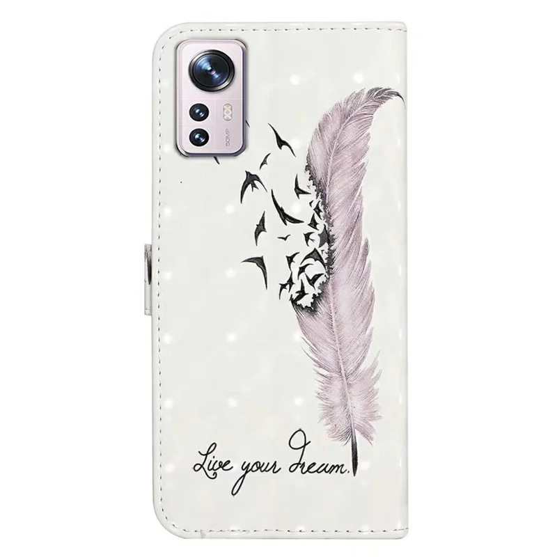 For Xiaomi 12 Pro 5G / 12 Pro (Dimensity) 5G / 12S Pro 5G Case 3D Pattern Magnetic Wallet Phone Cover - Feather
