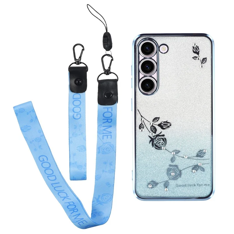 KADEM For Samsung Galaxy S22+ 5G TPU Case Flower Glitter Phone Cover with Strap - Blue
