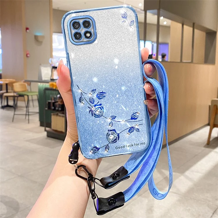 KADEM For Samsung Galaxy A22 5G (EU Version) Case TPU Flower Glitter Phone Cover with Strap - Blue