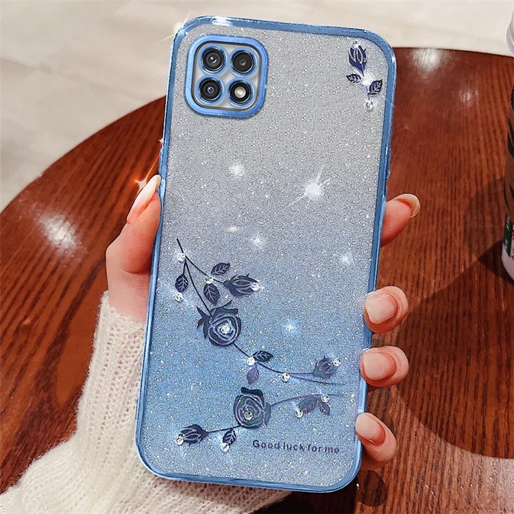 KADEM For Samsung Galaxy A22 5G (EU Version) Case TPU Flower Glitter Phone Cover with Strap - Blue