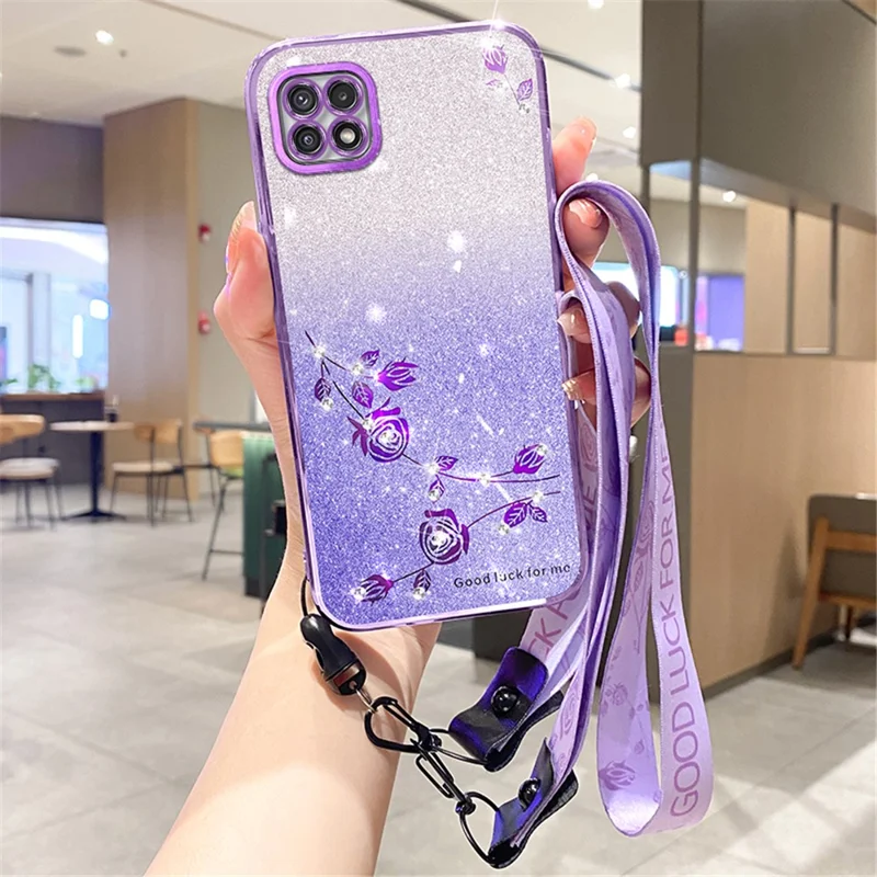 KADEM For Samsung Galaxy A22 5G (EU Version) Case TPU Flower Glitter Phone Cover with Strap - Purple