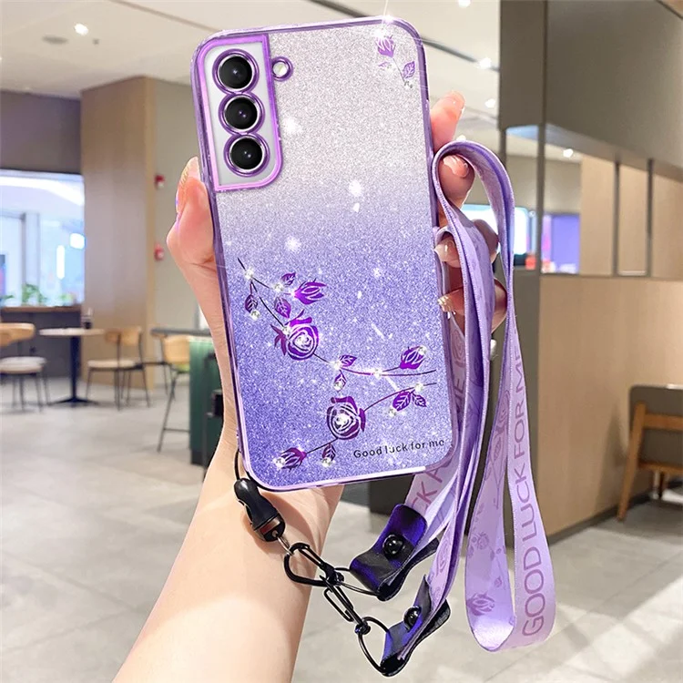 KADEM For Samsung Galaxy S21+ 5G Case Rhinestone Gradient TPU Cover with Strap - Purple