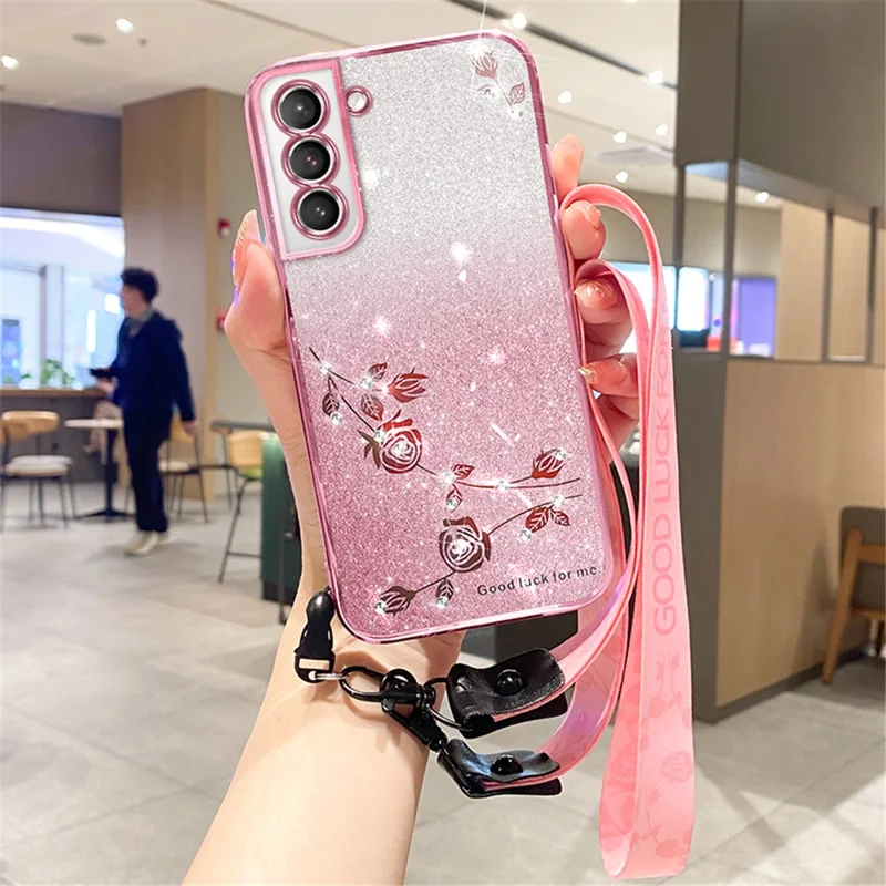 KADEM For Samsung Galaxy S21 4G / 5G Case TPU Glitter Phone Cover with Strap - Rose Gold