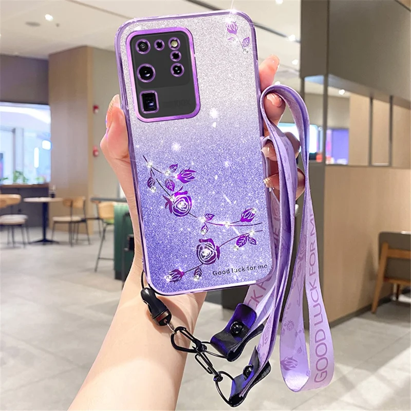 KADEM For Samsung Galaxy S20 Ultra Case Glitter TPU Phone Cover with Strap - Purple