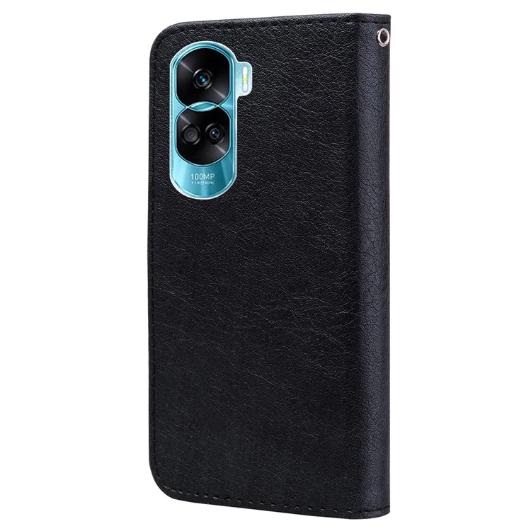 For Honor 90 Lite 5G / Honor X50i 5G Phone Stand Cover PU Leather Wallet Case Solid Color Shell - Black