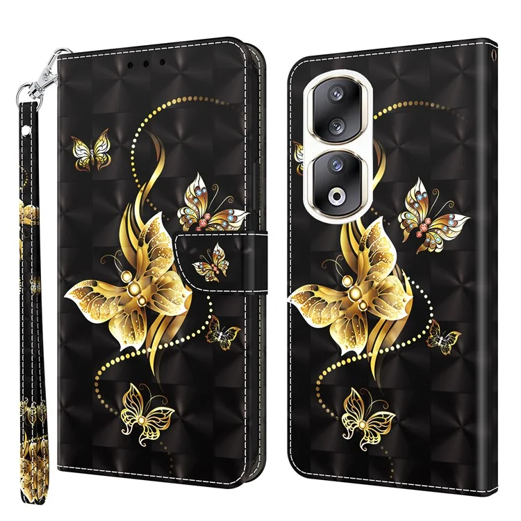 For Honor 90 Pro Case PU Leder 3D Muster bedruckter Brieftasche Handyhülle - Golden Schmetterling