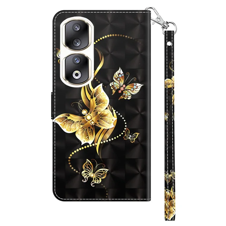 For Honor 90 Pro Case PU Leder 3D Muster bedruckter Brieftasche Handyhülle - Golden Schmetterling