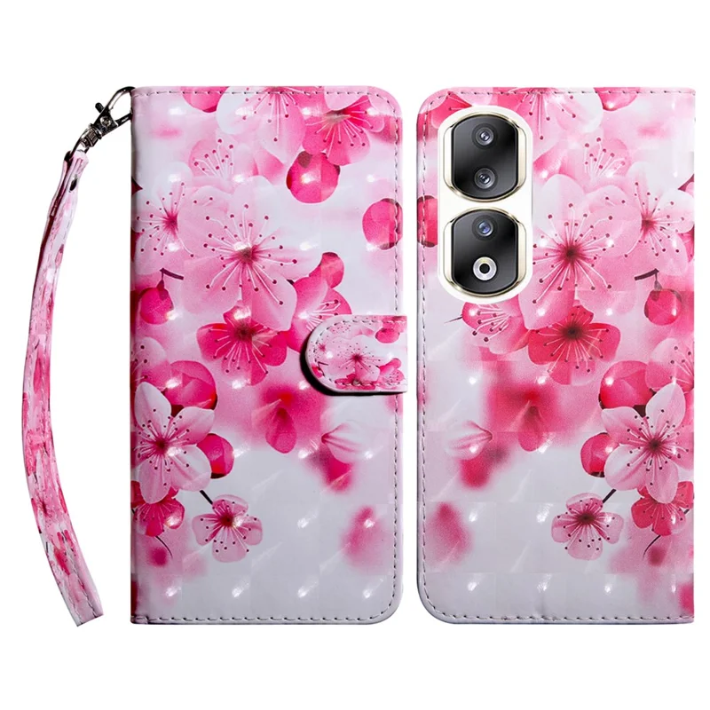 غطاء هاتف Honor 90 Pro من جلد PU عالي الجودة مع نمط ثلاثي الأبعاد مطبوع - زهرة حمراء