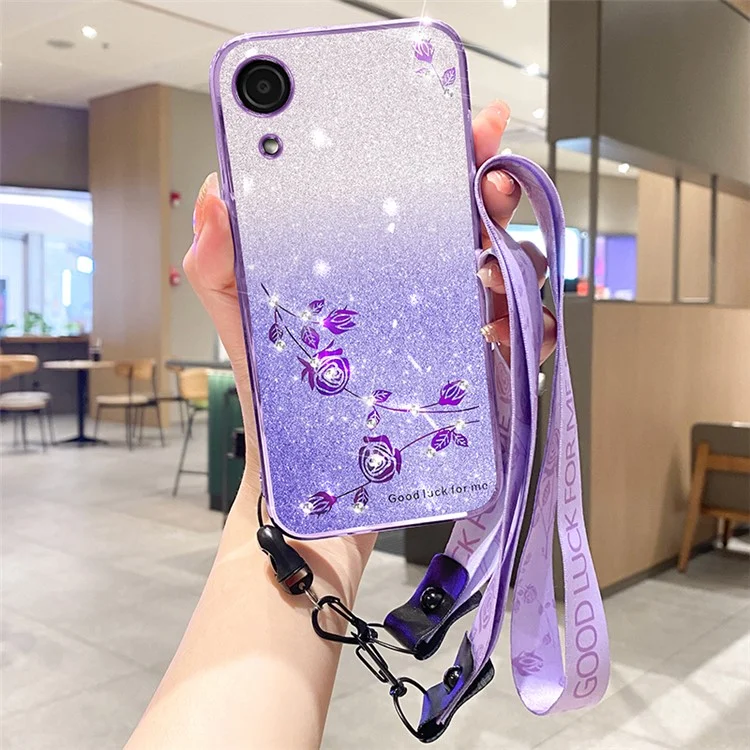 KADEM For Samsung Galaxy A03 Core Case Glitter Shiny Rhinestone Phone Cover with Strap - Purple
