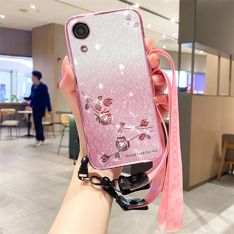 KADEM For Samsung Galaxy A03 Core Case Glitter Shiny Rhinestone Phone Cover with Strap - Rose Gold