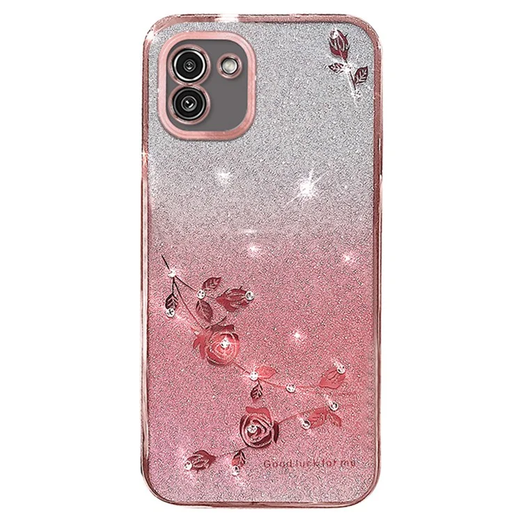 KADEM Para Samsung Galaxy A03 (164.2 x 75.9 x 9.1 mm) Funda de TPU con Brillantina, Rhinestone y Flor - Oro Rosa