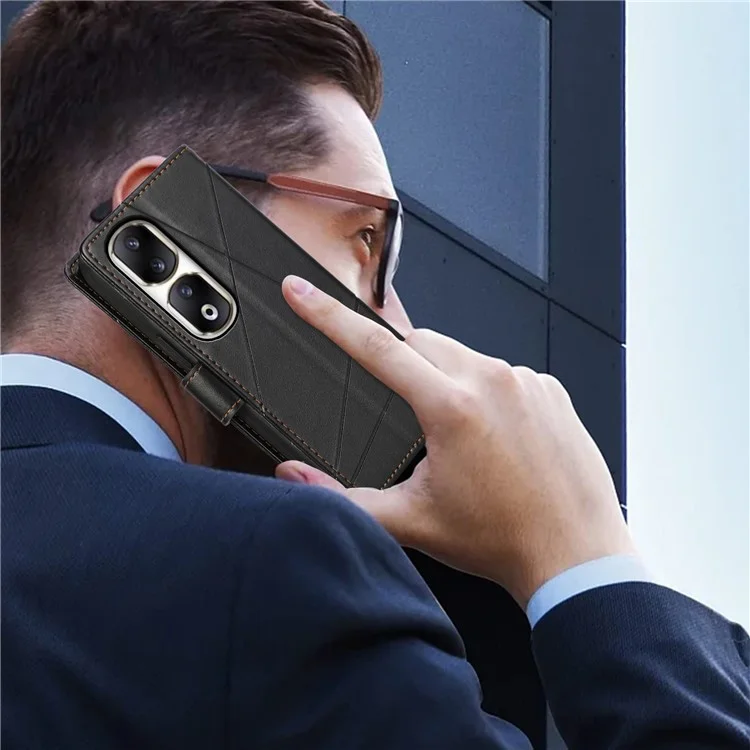 DF-06 Чехол для телефона Honor 90 Pro с тиснеными линиями из искусственной кожи с ремешком - черный 