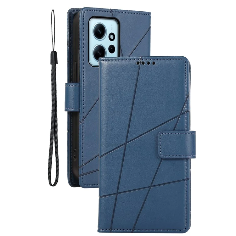 DF-06 For Xiaomi Redmi Note 12 4G Case Lines Imprinted Leather Phone Flip Stand Cover - Blue