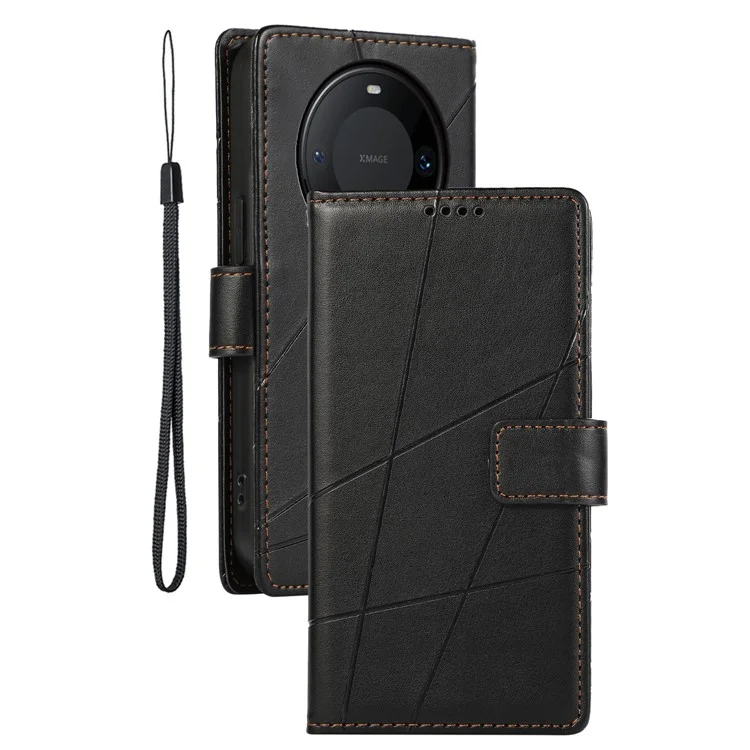 DF-06 Funda para Huawei Mate 60 Pro Líneas Grabadas Cartera de Cuero Funda de Teléfono Móvil - Negro