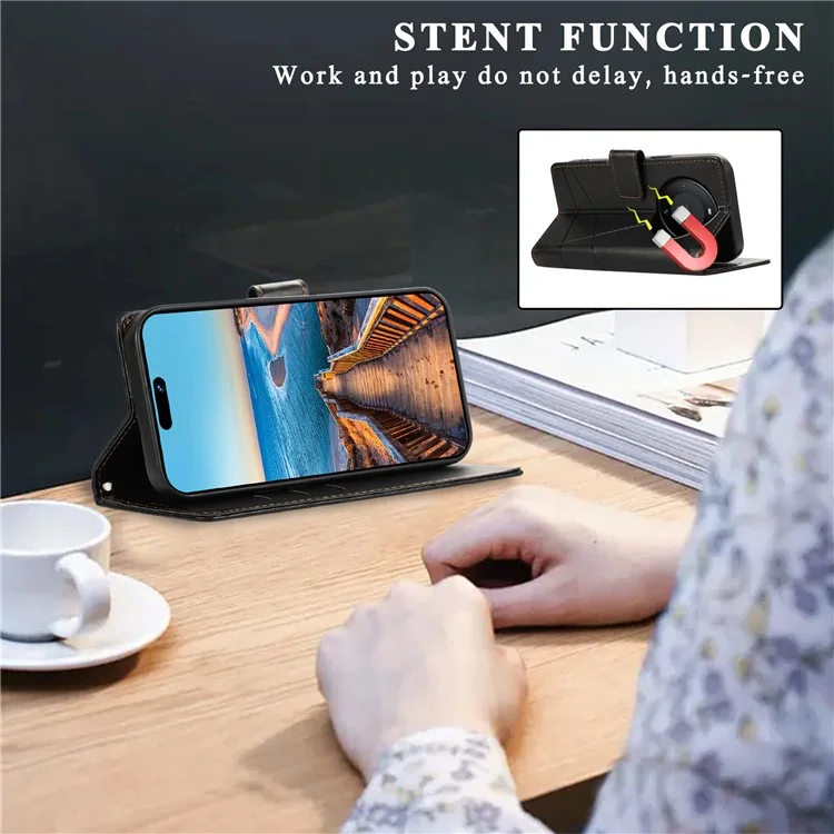DF-06 Funda para Huawei Mate 60 Pro Líneas Grabadas Cartera de Cuero Funda de Teléfono Móvil - Negro