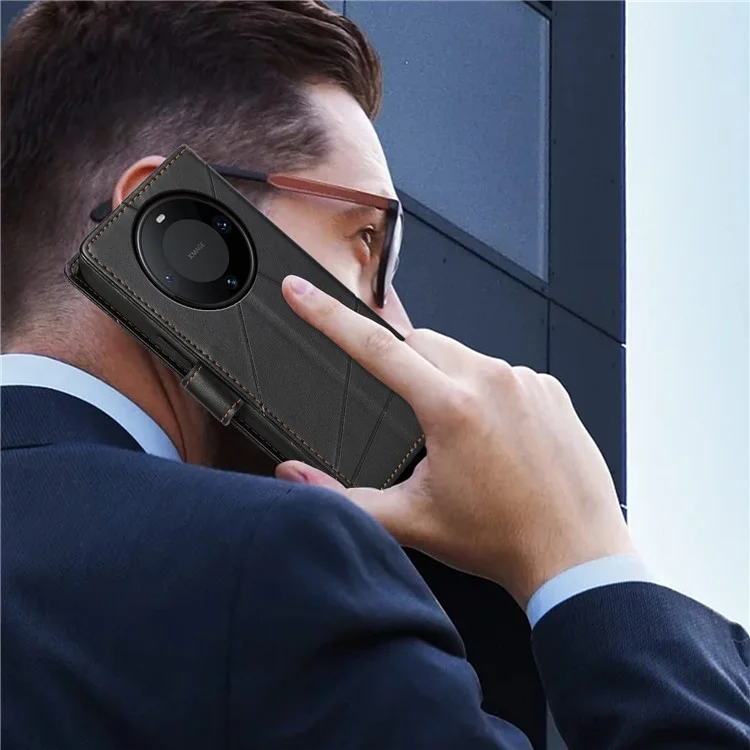 DF-06 Funda para Huawei Mate 60 Pro Líneas Grabadas Cartera de Cuero Funda de Teléfono Móvil - Negro