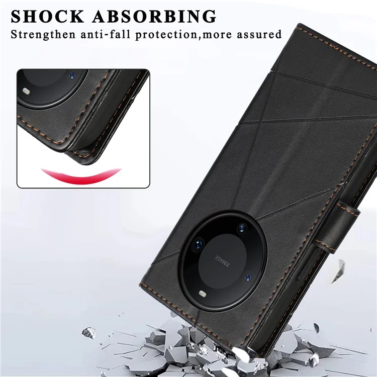 DF-06 Funda para Huawei Mate 60 Pro Líneas Grabadas Cartera de Cuero Funda de Teléfono Móvil - Negro
