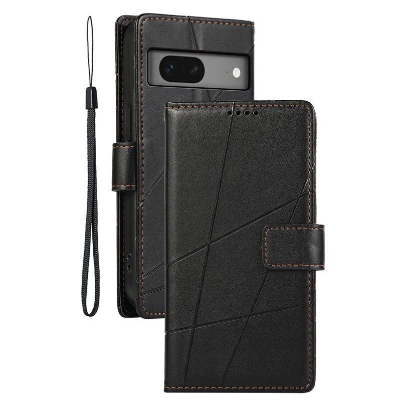 DF-06 For Google Pixel 7 5G Case Lines Imprint Leather Folding Stand Phone Cover - Black