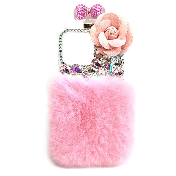 For iPhone 15 Plus Soft Plush + PC Phone Cover Case with Rhinestone Decor - Pink