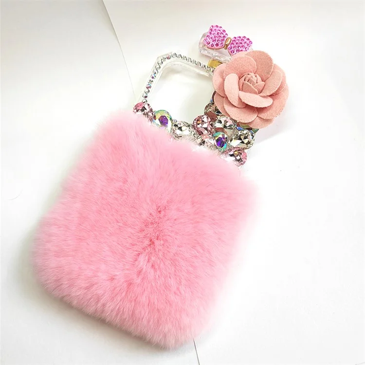 For iPhone 15 Plus Soft Plush + PC Phone Cover Case with Rhinestone Decor - Pink