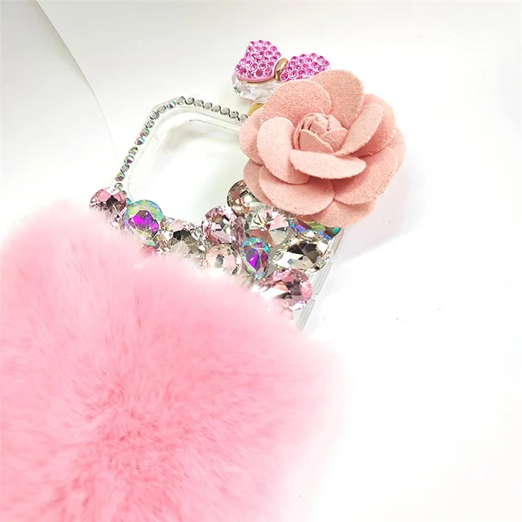 For iPhone 15 Plus Soft Plush + PC Phone Cover Case with Rhinestone Decor - Pink