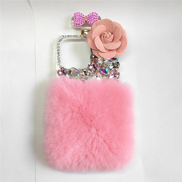 For iPhone 15 Plus Soft Plush + PC Phone Cover Case with Rhinestone Decor - Pink