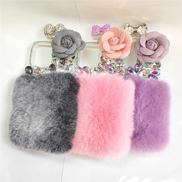 For iPhone 15 Plus Soft Plush + PC Phone Cover Case with Rhinestone Decor - Pink