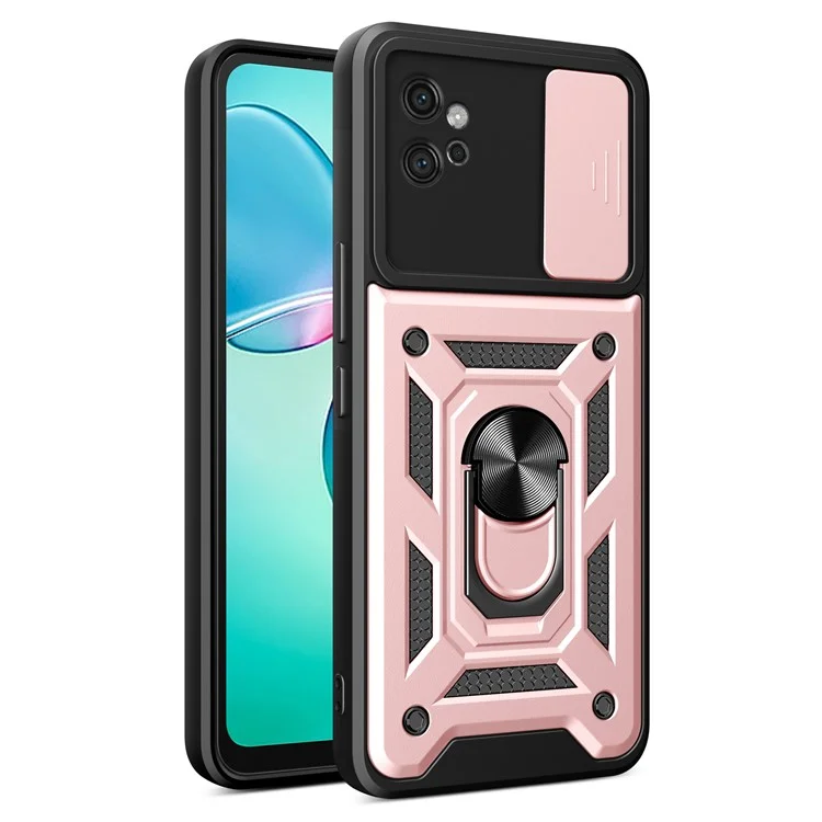 For Motorola Moto G32 4G Case PC+TPU Kickstand Smart Phone Cover with Slide Lens Lid - Rose Gold