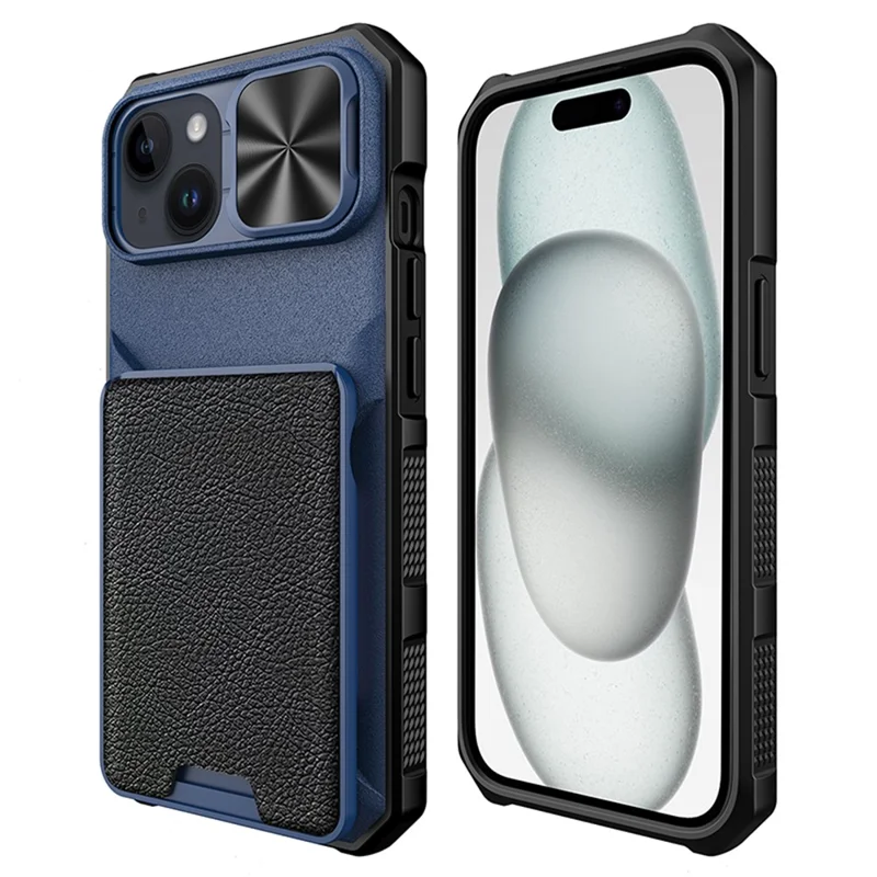 Case Magnética para iPhone 15 com Suporte para Cartão e Tampa Deslizante para Lente - Azul