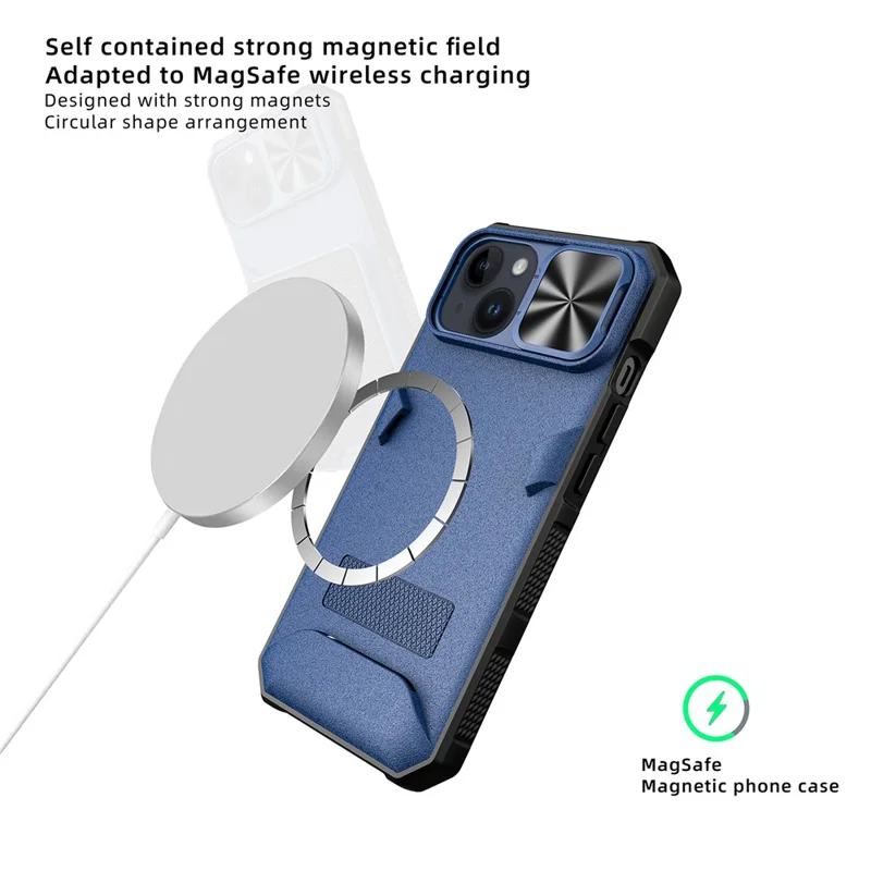 Case Magnética para iPhone 15 com Suporte para Cartão e Tampa Deslizante para Lente - Azul