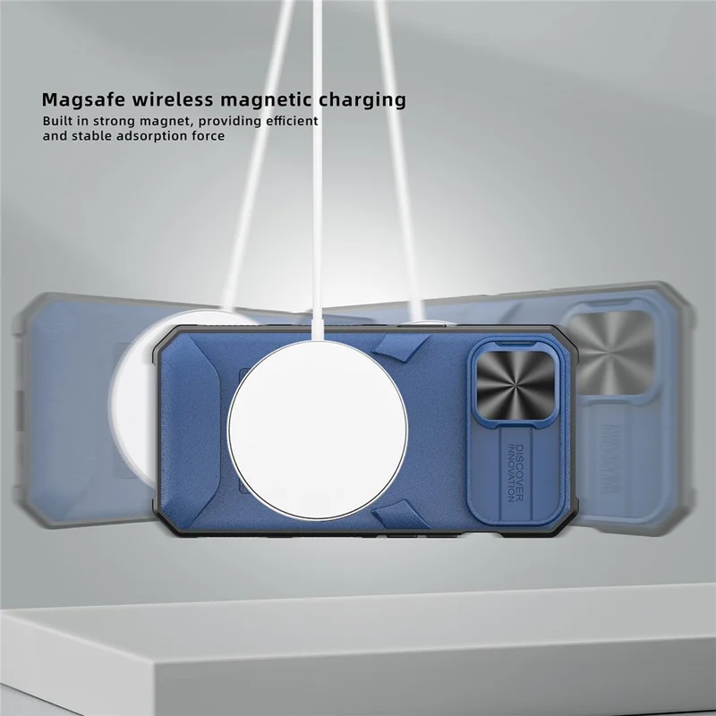 Case Magnética para iPhone 15 com Suporte para Cartão e Tampa Deslizante para Lente - Azul