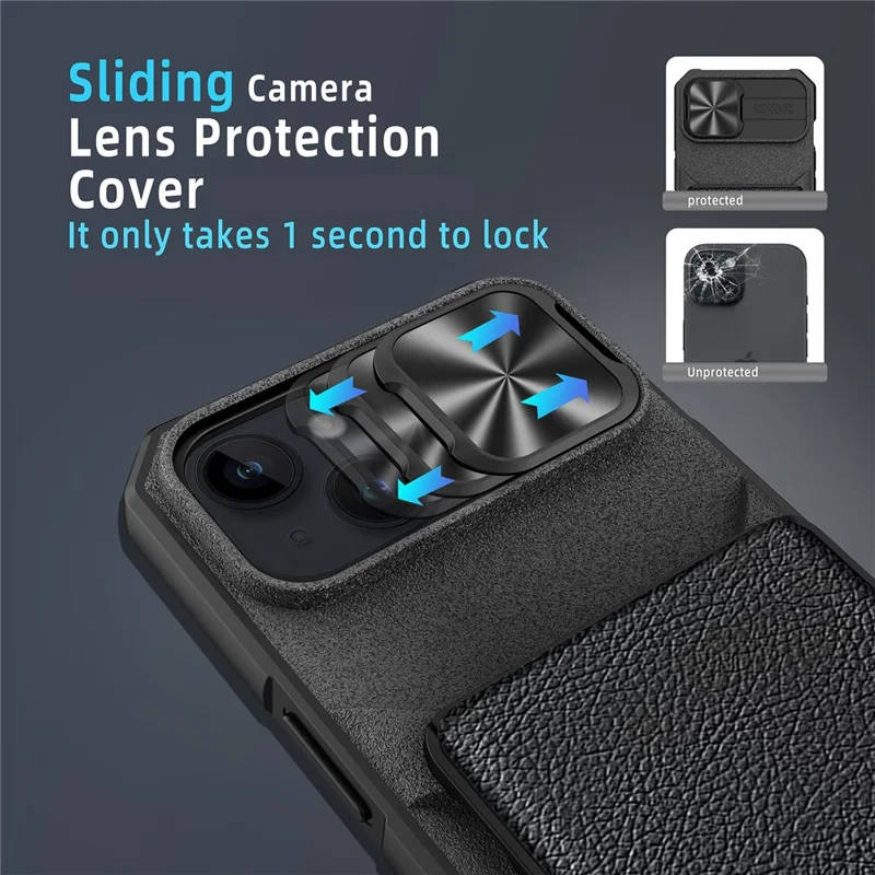 Case Magnética para iPhone 15 com Suporte para Cartão e Tampa Deslizante para Lente - Azul