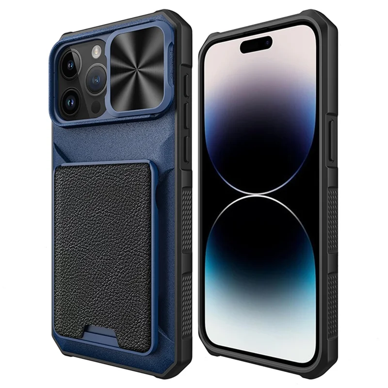 Para iPhone 14 Pro Max Magnetic Case Card Holder Slide Lens Protection Cover - Azul