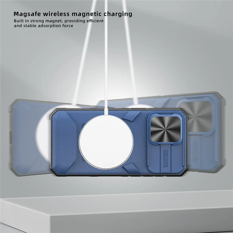 Para iPhone 14 Pro Max Magnetic Case Card Holder Slide Lens Protection Cover - Azul