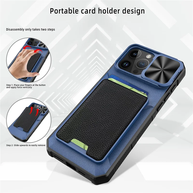 Para iPhone 14 Pro Max Magnetic Case Card Holder Slide Lens Protection Cover - Azul