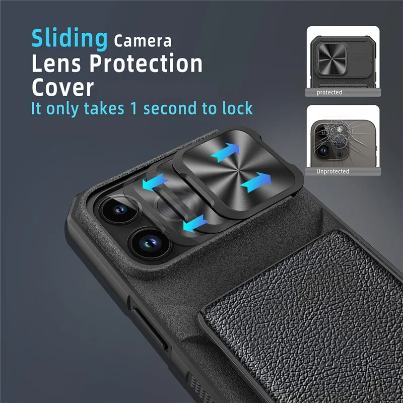 Para iPhone 14 Pro Max Magnetic Case Card Holder Slide Lens Protection Cover - Azul