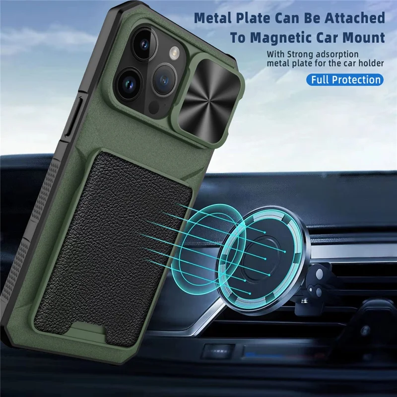 Para iPhone 14 Pro Max Magnetic Case Card Holder Slide Lens Protection Cover - Azul
