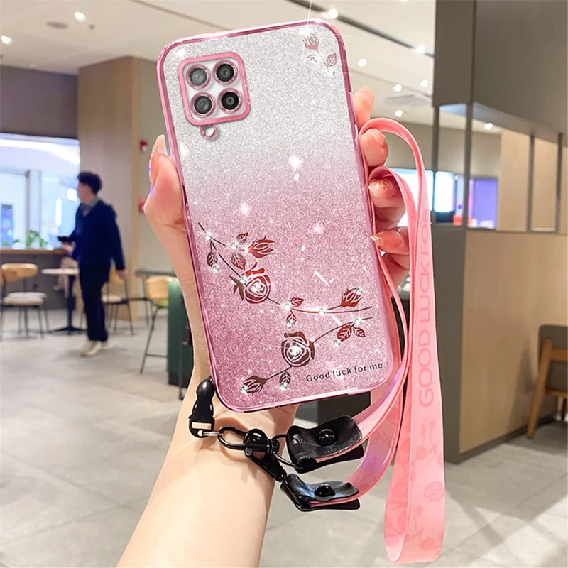 KADEM For Samsung Galaxy M53 5G Case Rhinestone Decor TPU Phone Cover with Strap - Rose Gold