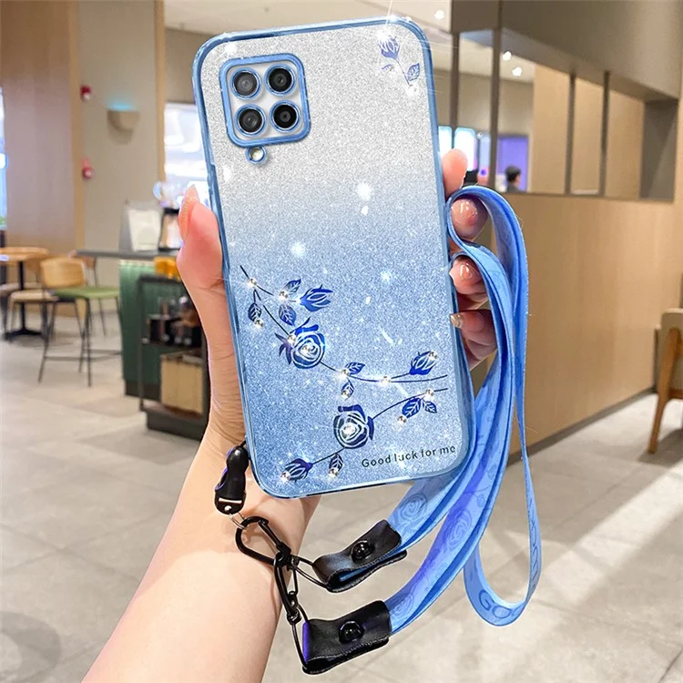 KADEM pour Samsung Galaxy M32 (version mondiale) 4G / Étui M22 Shiny TPU Cover avec bandoulière - Bleu