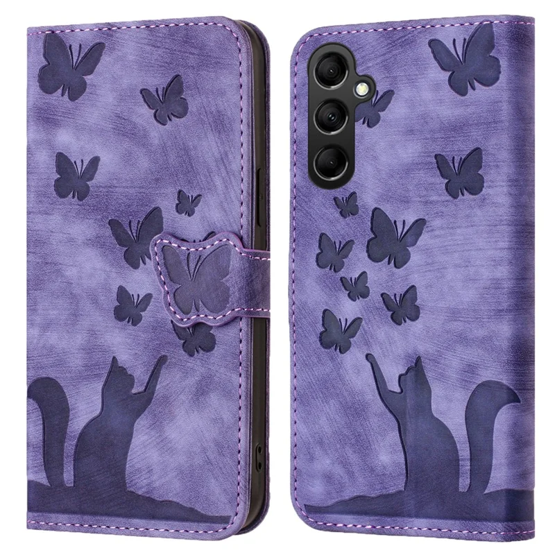 For Samsung Galaxy A15 5G Case Butterfly Cat Imprinted PU Leather Phone Cover - Purple