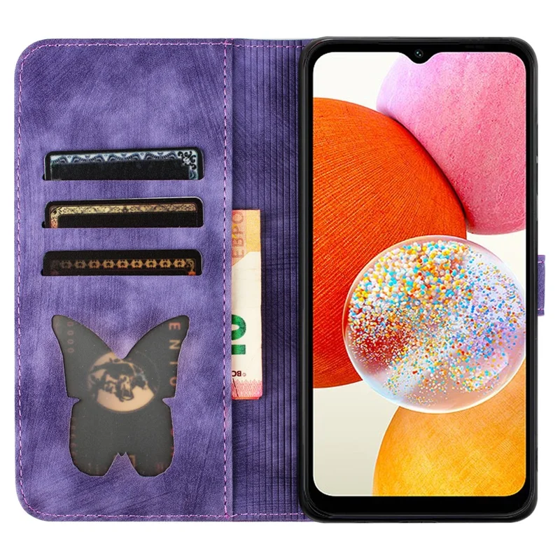 For Samsung Galaxy A15 5G Case Butterfly Cat Imprinted PU Leather Phone Cover - Purple