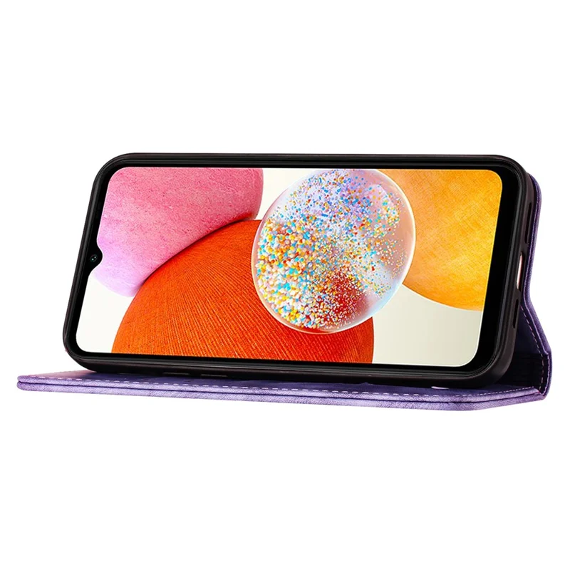 For Samsung Galaxy A15 5G Case Butterfly Cat Imprinted PU Leather Phone Cover - Purple