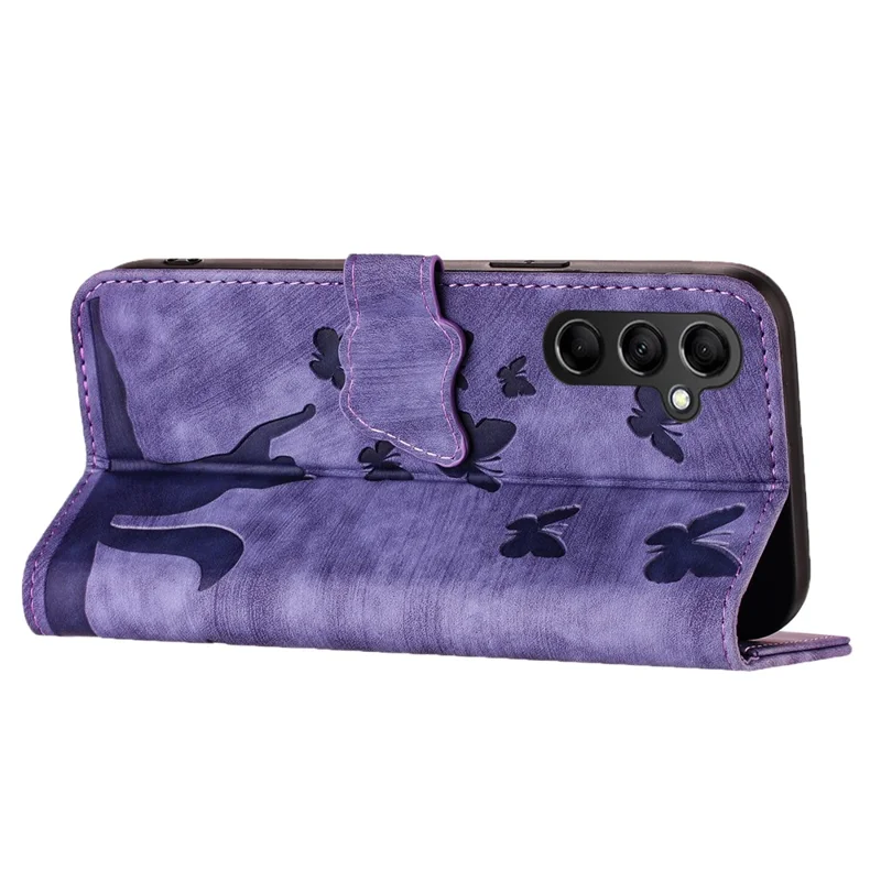For Samsung Galaxy A15 5G Case Butterfly Cat Imprinted PU Leather Phone Cover - Purple