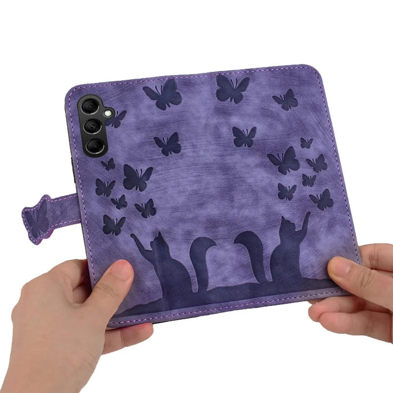 For Samsung Galaxy A15 5G Case Butterfly Cat Imprinted PU Leather Phone Cover - Purple